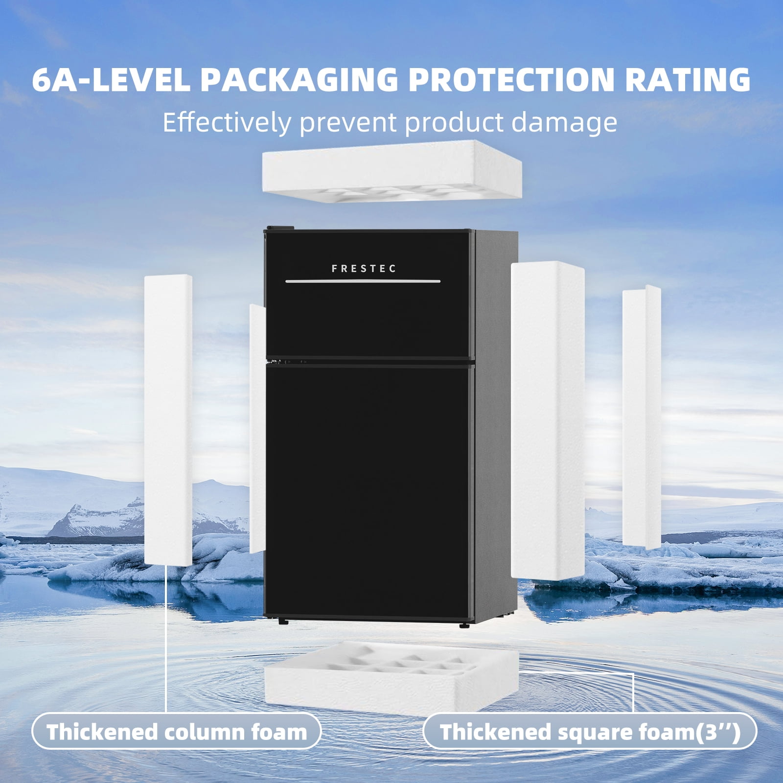 Frestec 3.2 Cu Ft Two-Door Mini Fridge with Freezer – Black, Stainless Steel, New