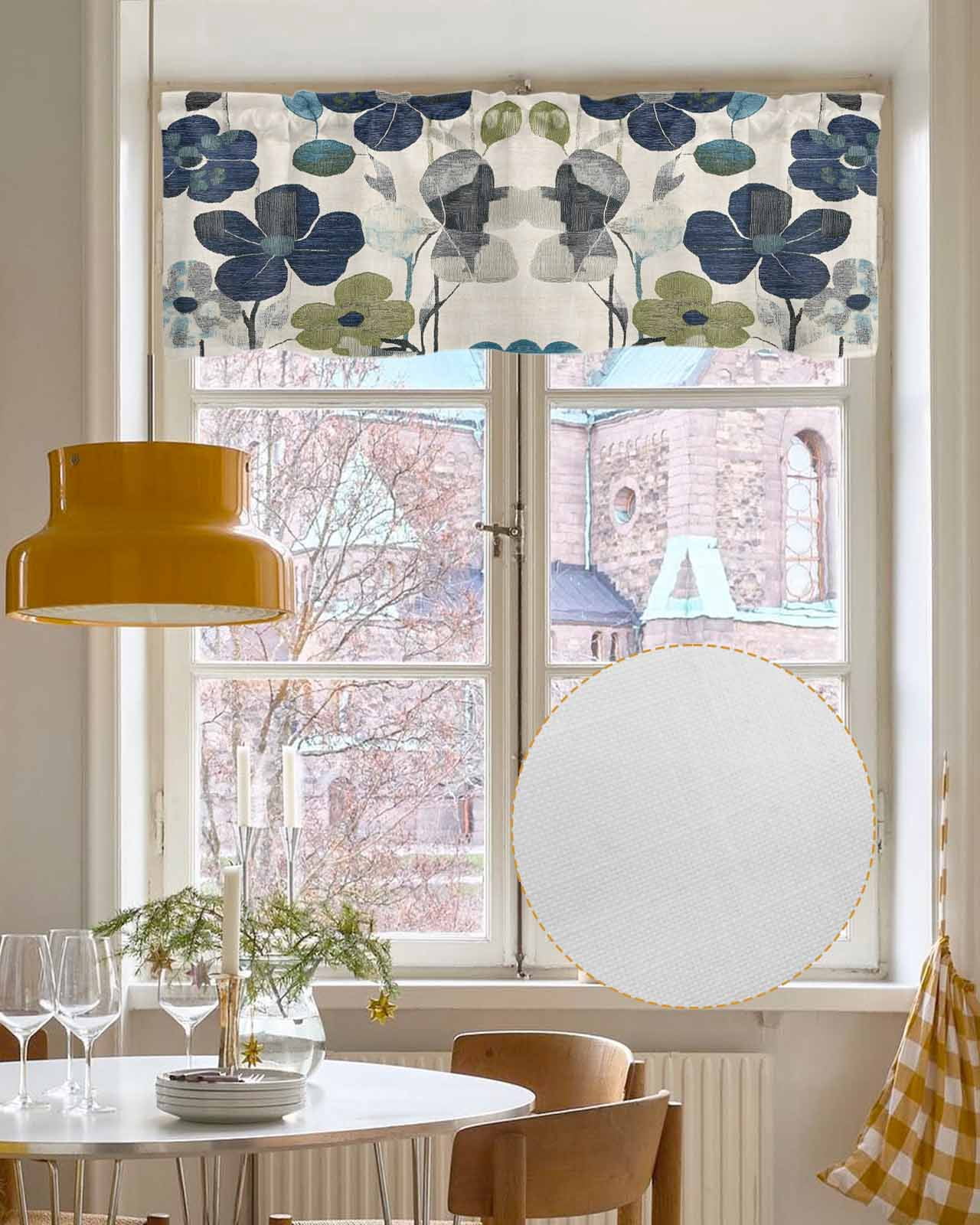 Navy Blue Green Floral Kitchen Valances for Windows Farmhouse Linen Window Valance Curtain for Living Room Window Treatment Vintage Botanical Leaves Valance Rod Pocket Topper Drape, 54 x 18 Inch
