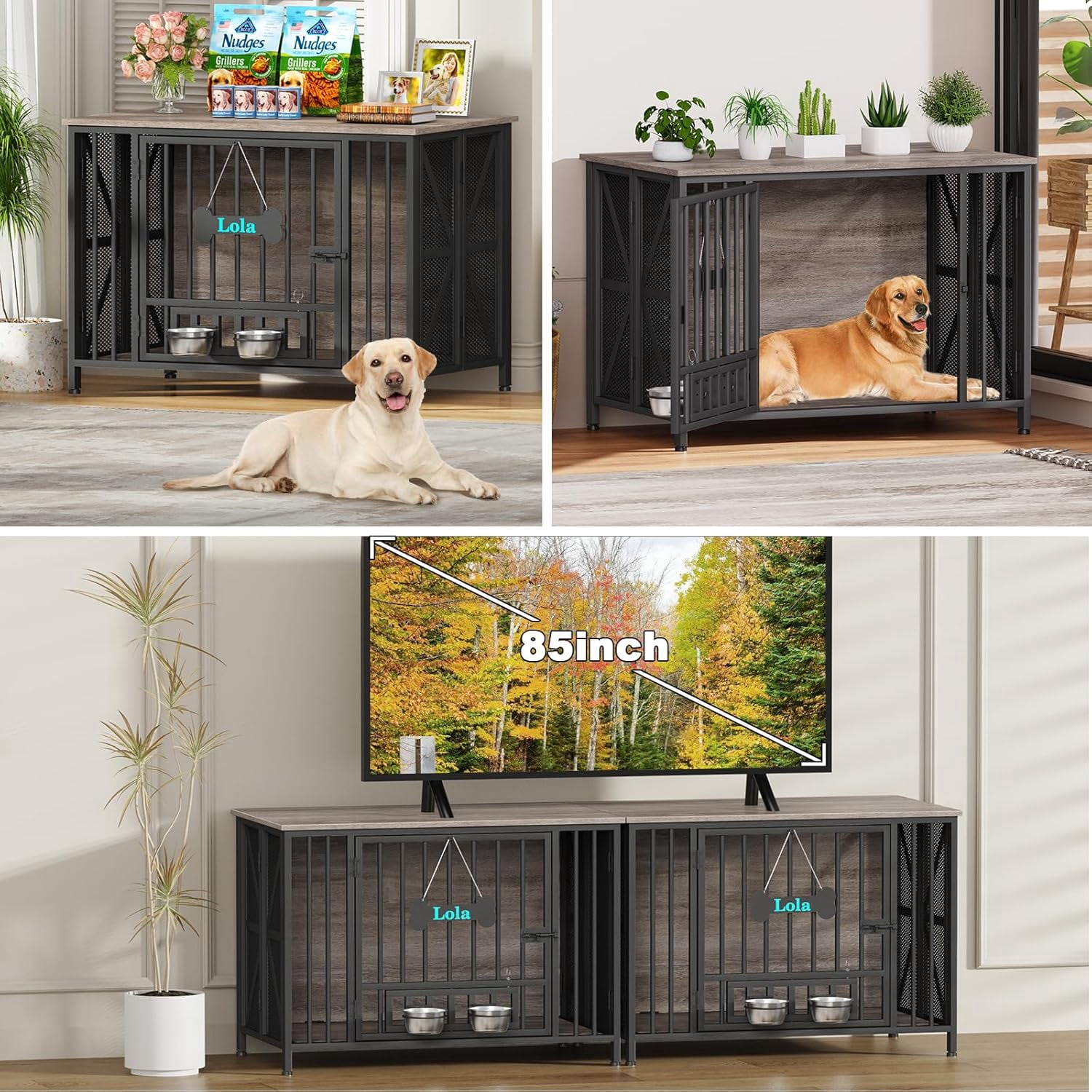 POAO 41" Foldable Dog Crate Furniture, Assembly-Free Dog Crates for Large Dogs,Dog Kennel Indoor with Tag & Adjustable Dog Bowls,Oak Grey