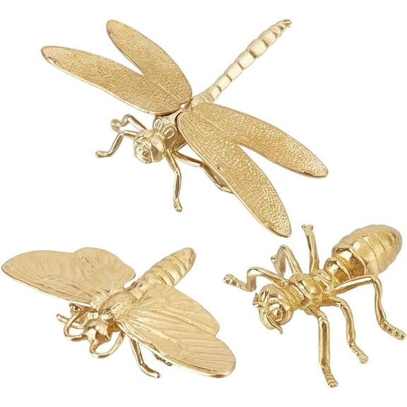 3 Styles Mini Dragonfly Sculpture Golden Brass Insect Statues Ornament Ant Moth Vintage Small Decor Figurines for DIY Crafts Home Office Desktop Decorative Gifts Collectible Golden