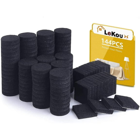Lekou 1" Felt Furniture Pads 144 Pieces, Round and Square Black Self-Adhesive Anti-Slip Foot pads , Suitable for Various Floors