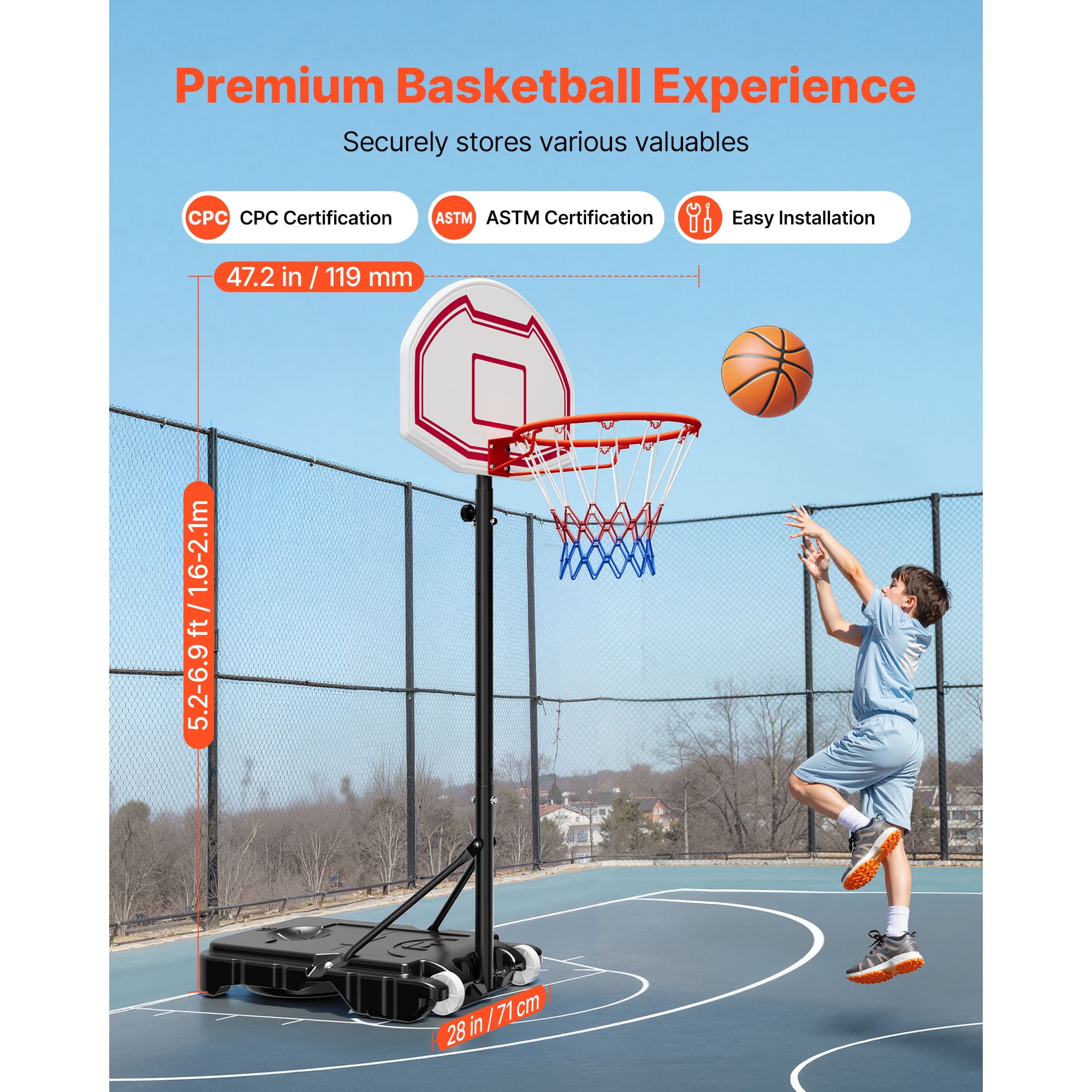 KFFKFF Portable Basketball Hoop with Adjustable Height, 5.2 to 6.9 ft, Kids Basketball Goal with Nylon Net and Wheels, Movable Backboard Set for Outdoor Use