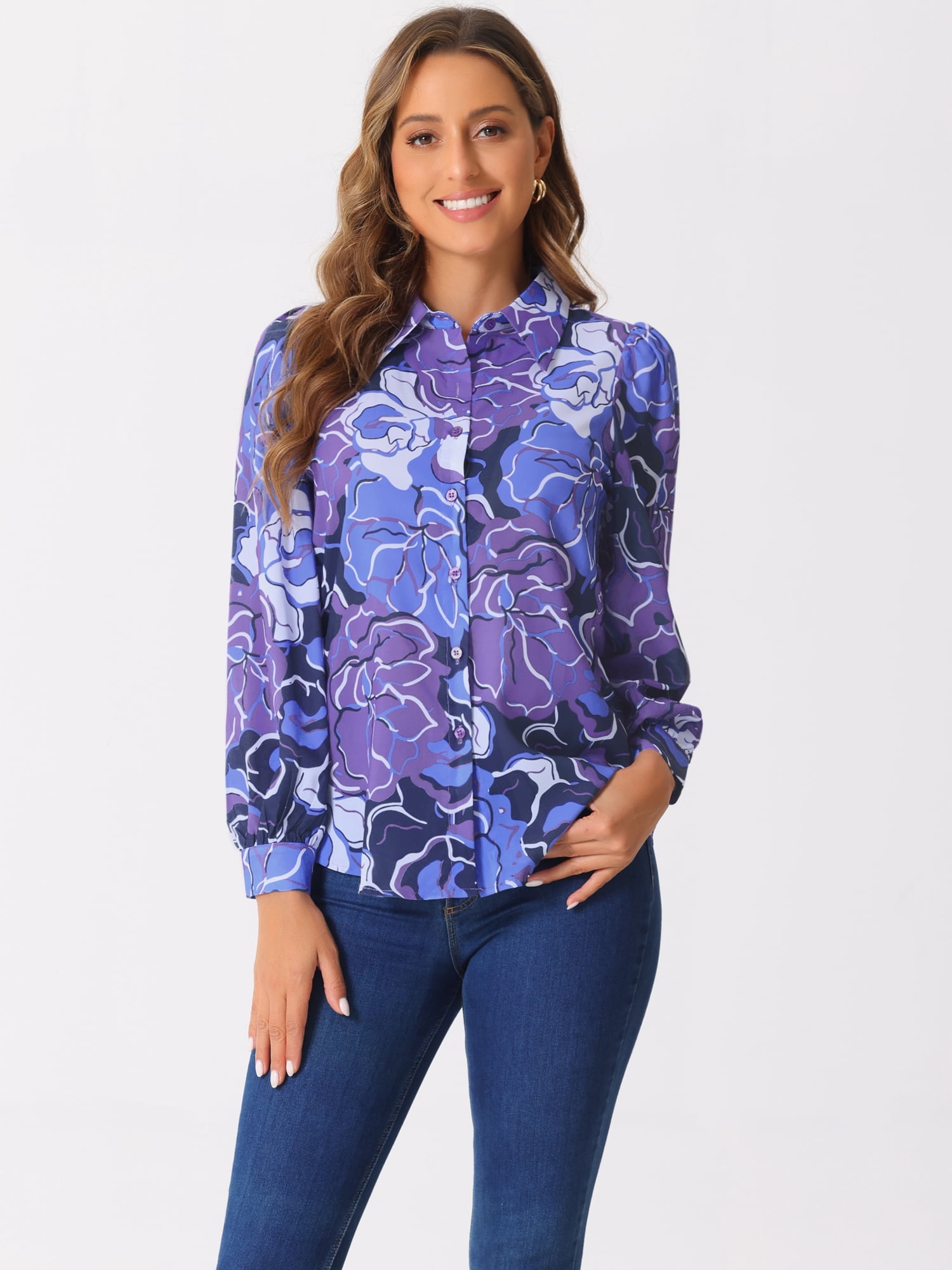DARING DIVA Women's Button Down Floral Print Chiffon Tops S Purple