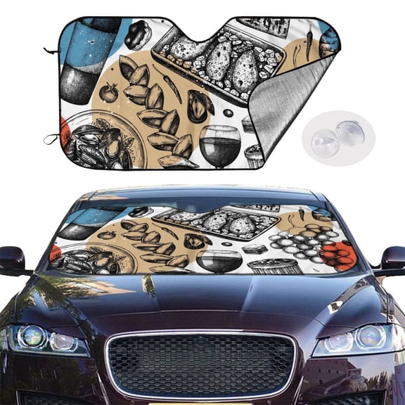 Picia French Food Curved Windshield Sunshade Accordion Folding Style Auto Shade for Car Truck SUV Van Blocks UV Ray Sun Visor Protector -Small