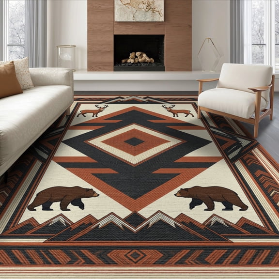 ODIKA 8'x10' Washable Area Rug Durable, Non-Slip Large Cabin Arrowhead Border Stepped Geometric Livingroom Neutral for Living Room, Under Sectional, Family