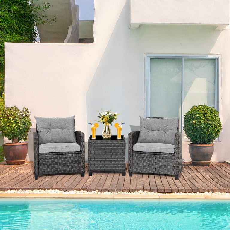 Gymax 3-Piece Patio Rattan Conversation Set, Gray Cushions photo 4