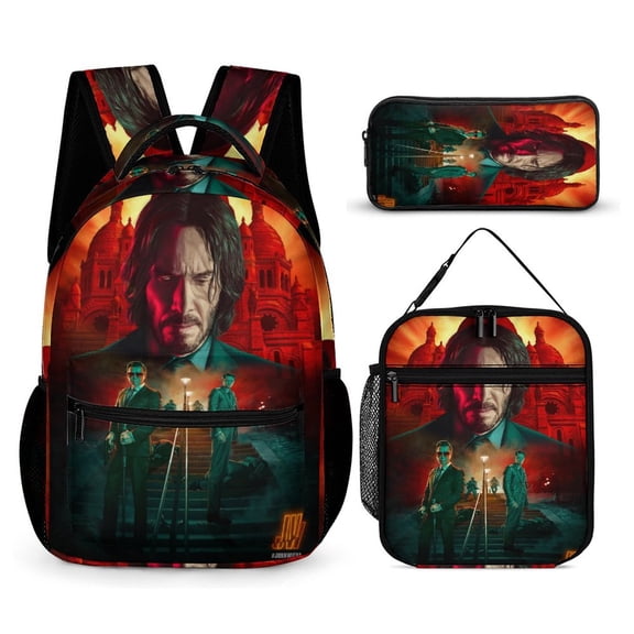 John Movie Wick 3 PC Backpack Set Casual School Bag Daypack with Lunch Bag Outdoor Travel Large Capacity BagsOne Size