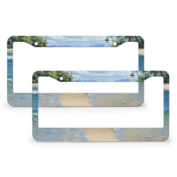 2 Pcs Set Peace Love Sandy Feet Hawaii Tropical Beach License Plate Cover Sunny Beach Palm Tree Hawaii Style Tropical Ocean Coastal License Plate Cover Front Plates Frames Car Tag Frame Metal