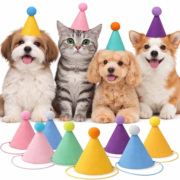 12PCS Mini Party Hats for Pets & Stuffed Animals, 6 Colors x2 Each, Felt Cone Birthday Hats with Adjustable Elastic Strap for Cats Small Dogs Rabbits Dolls