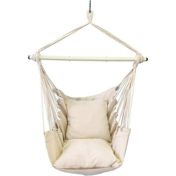 Hammock Chair Hanging Rope Swing - Max 500 Lbs - 2 Cushions Included - Steel Spreader Bar with Anti-Slip Rings - for Any Indoor or Outdoor Spaces