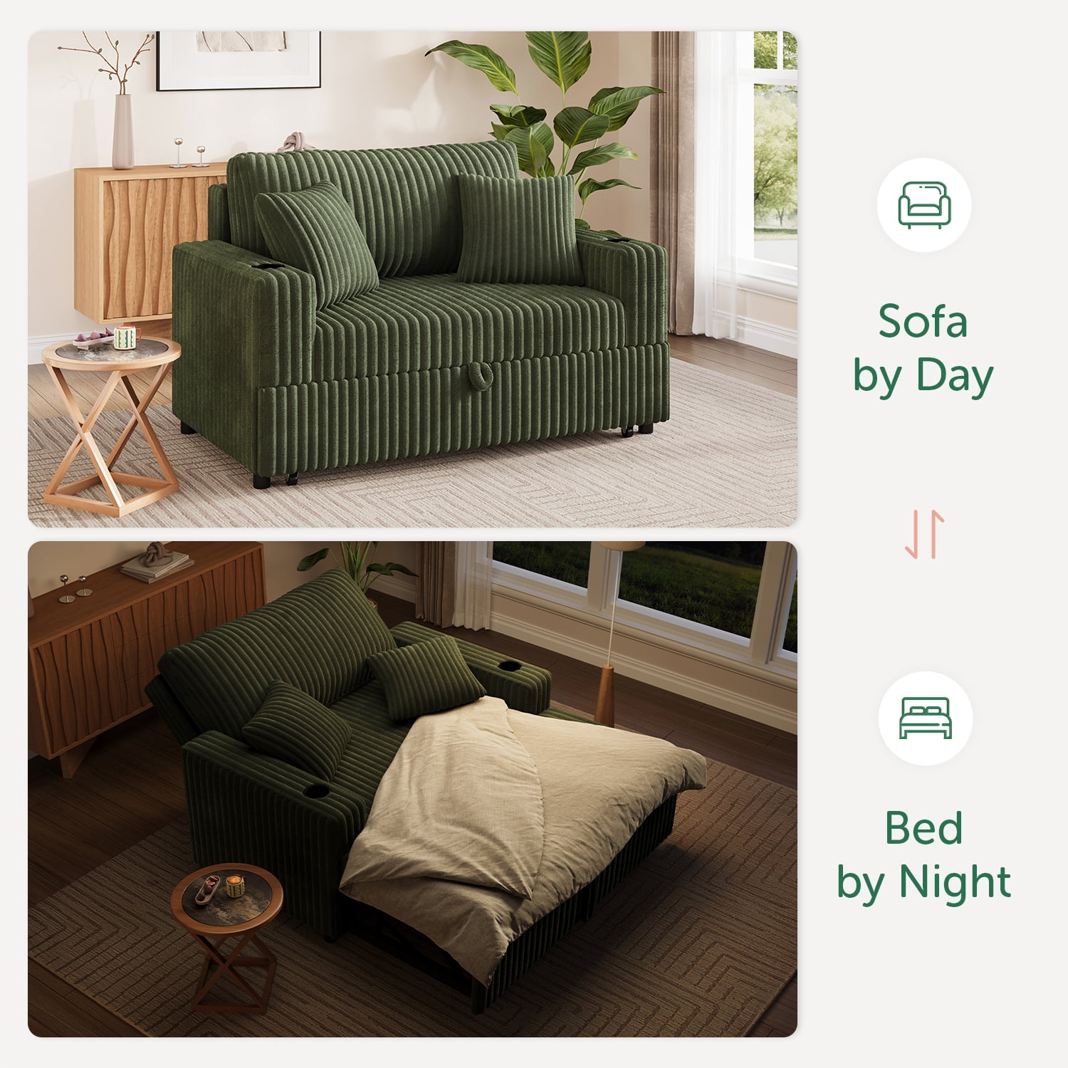 Marrber Green 52” 3-in-1 Convertible Pull-Out Sofa Bed Sleeper Loveseat with Reclining Backrest, Built-in Cup Holders, Pet-Friendly Corduroy Sofa for Small Space