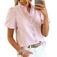 thumbnail image 7 of QASIEATN Ladies' Puff Sleeve Button Up Tops Summer Striped Stand Up Collar Fashionable Casual Loose Short Sleeved T Shirt, 7 of 7