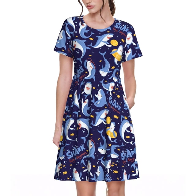 Easygdp Cute Shark para Vestido Transpirable de Mujer, Vestido Suelto de Manga Corta con Pliegues y Bolsillos para el Verano
