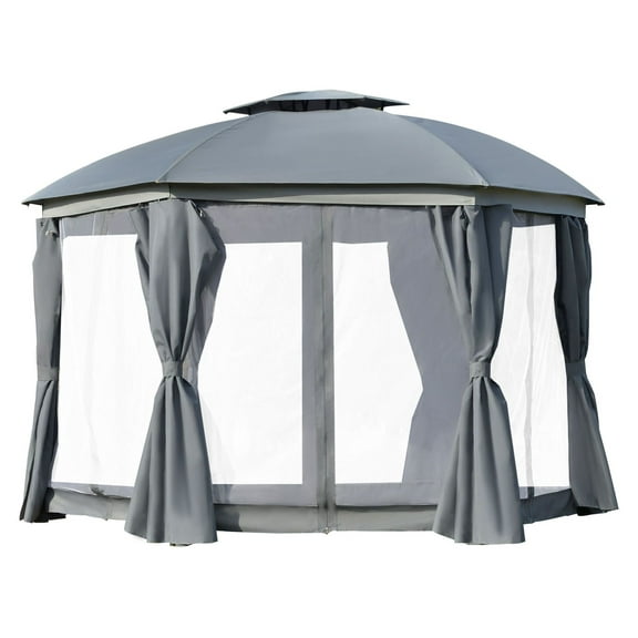 SAZYY 12x12 Canopy Gazebo with Double Roof & Netting Curtains, Outdoor Party Tent with Zippered Doors, Gray