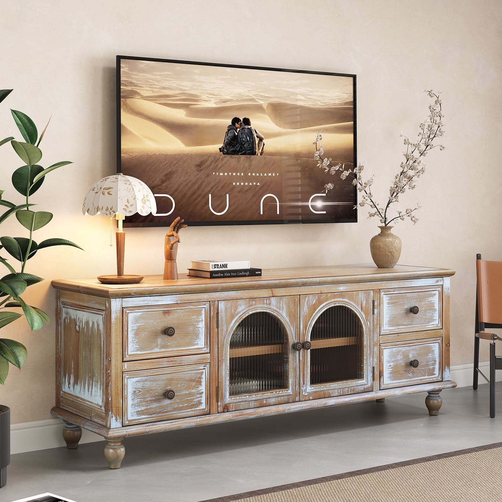 60" Farmhouse TV Stand with 4 Drawers & 2 Glass Doors, Rustic Wood Media Console, Distressed Entertainment Center for TV, Natural Antique White