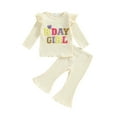 thumbnail image 2 of Aojekbee Little Girls Birthday Outfit Sets Flying Sleeve Letter Embroidery Tops Solid Color Flared Pants Sets, 2 of 10