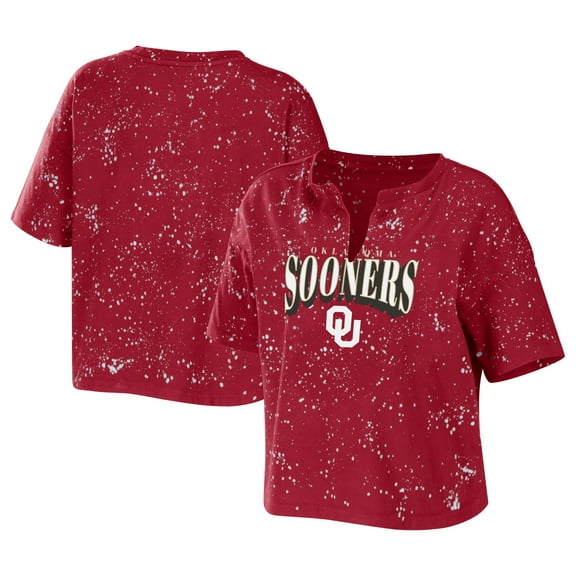 Women's WEAR by Erin Andrews Crimson Oklahoma Sooners Bleach Wash Splatter Cropped Notch Neck T-Shirt