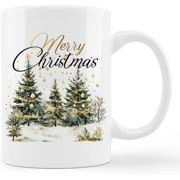 Christmas Tree Mug, Rustic Gold Bubbles Merry Christmas Tree Snowflake Coffee Cup Ceramic, Xmas Winter Ceramic Coffee Tea Mug 11 oz