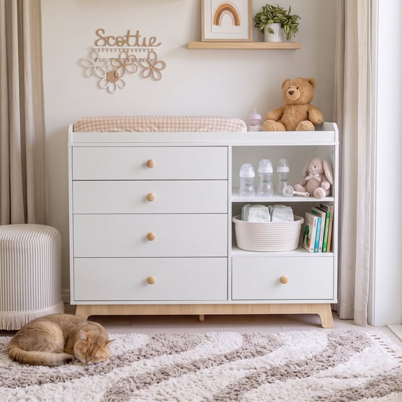 White Changing Table Dresser, 5-Drawer Baby Dresser with Removable Changing Topper