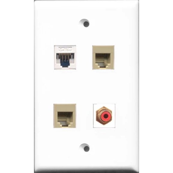 RiteAV 1 Port RCA Red 2 Port Phone RJ11 RJ12 Beige and 1 Port Cat5e Ethernet White Wall Plate