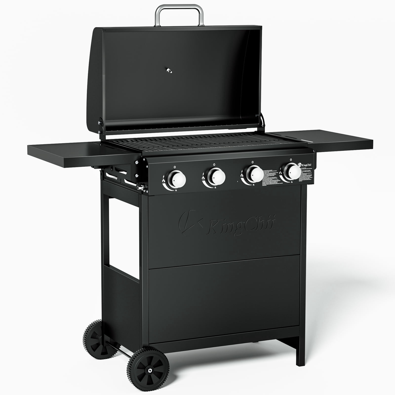 4-Burner Propane Grill Smoker, Kingchii 38,000 BTUs Gas Grill with Foldable Side Tables, Built-in Thermometer for Outdoor Grilling, BBQs and Camping