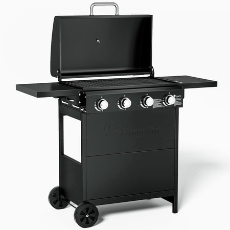 4-Burner Propane Grill Smoker, Kingchii 38,000 BTUs Gas Grill with Foldable Side Tables, Built-in Thermometer for Outdoor Grilling, BBQs and Camping