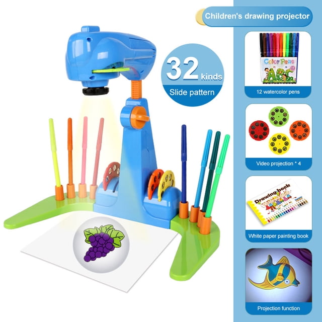 Proyector de dibujo para niños con 32 patrones de dibujos animados y 12 pinceles de colores (azul)