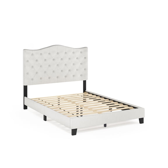 Furinno LILLE Bed Frame, Full Size Bedframe with Button Tufted Headboard, Upholstered Bed with Legs, No Box Spring Needed, 12pcs Wooden Slat Support, Easy Assembly, for Bedroom, Dorm, Light Beige
