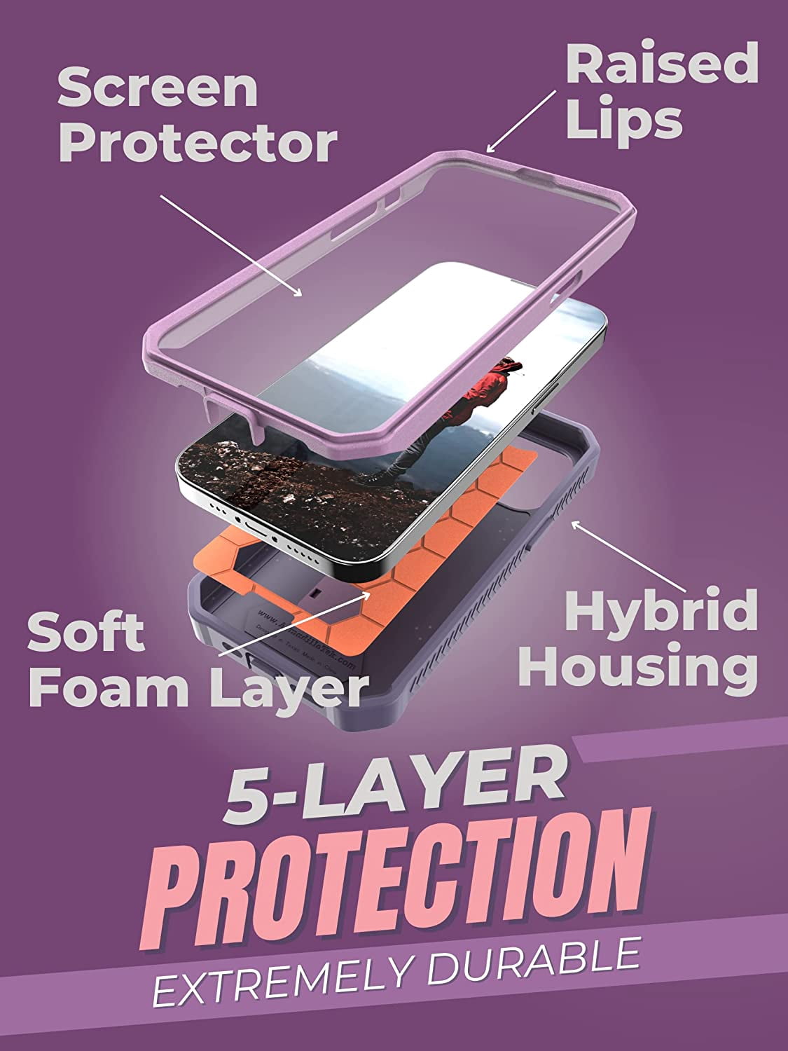 CaseBorne V Series Case Compatible with iPhone 14 Plus - Military Grade Full-Body Rugged with Kickstand and Built-in Screen Protector - Purple