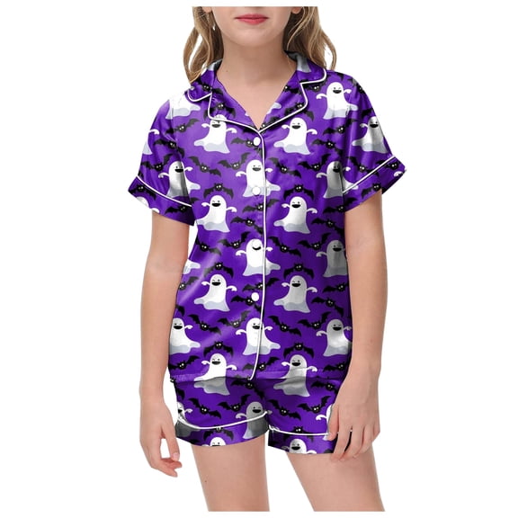 Dmsael Pjs for Girls 2 Piece Pumpkin Ghost Sleepwear Short Sleeve Jammies for Kids Button-Down Nightwear Halloween Pajamas for Girls (Purple,4-5 Years)