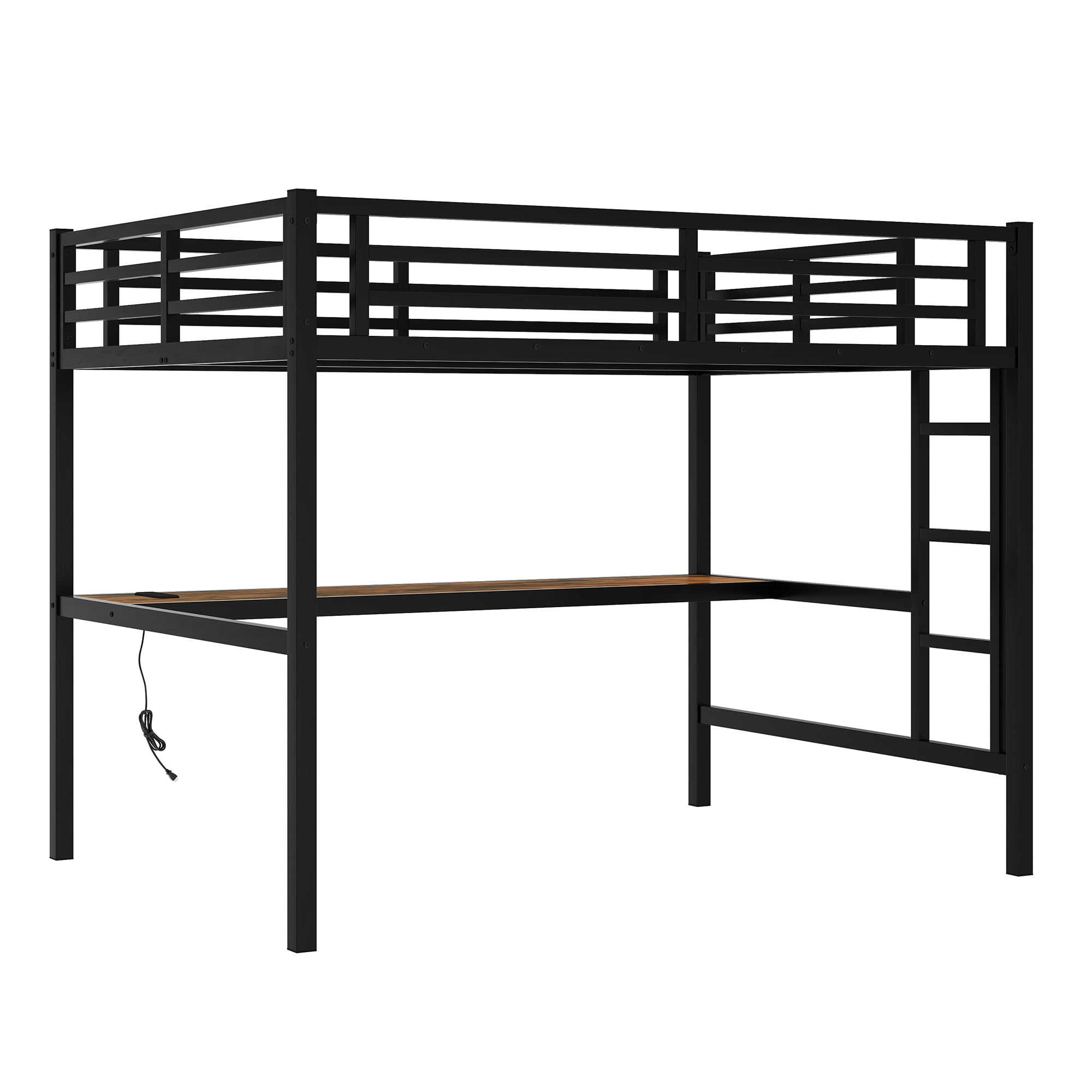 Leumius Full Size Loft Bed,Metal Bed Frame with Power Outlet and LED Lighted,Space-Saving, Noise Reduced, Black