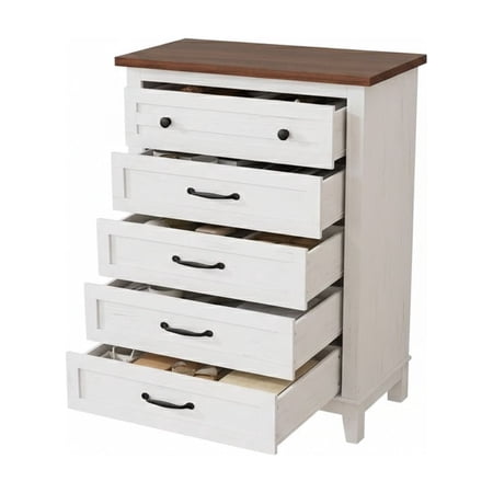 5-Drawer Wood Dresser for Bedroom Vintage Farmhouse Storage Chest with Gold Handles Tall Vertical Cabinet for Living Room Brown & White