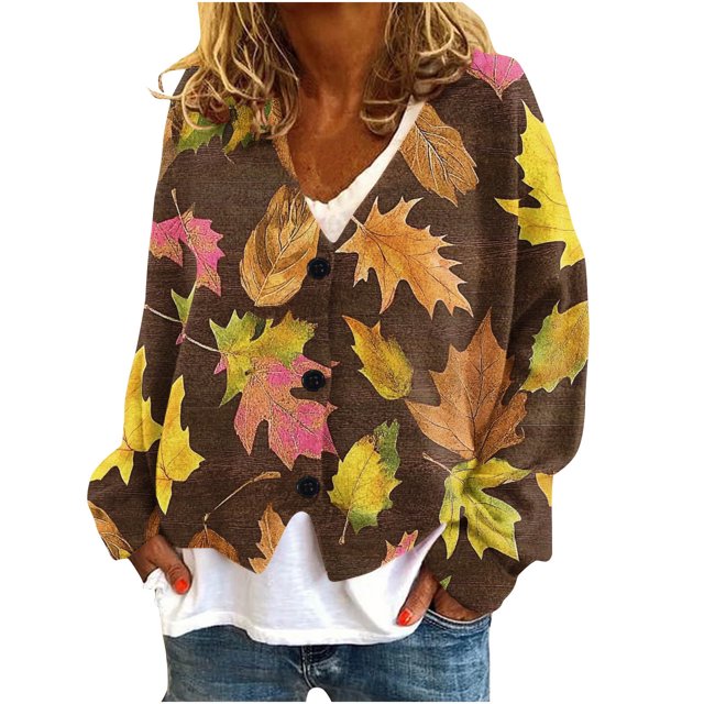Puntoco Chaqueta De Punto Informal Con Estampado De Hojas Para Mujer, Chaqueta Con Botones, Abrigo De Felpa, Para Otoño E Invierno