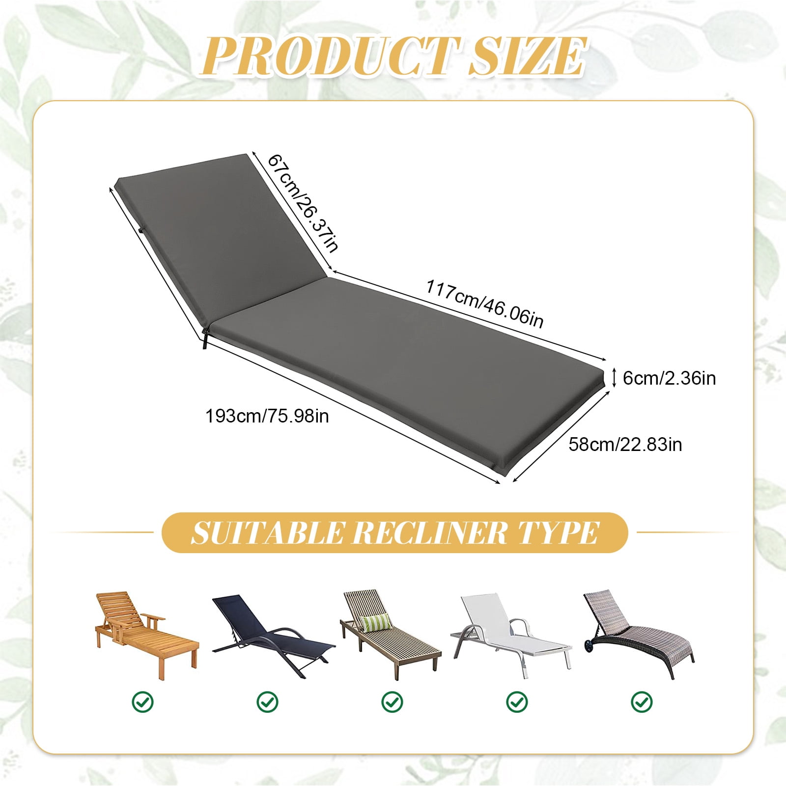 Eurhowing Outdoor Chaise Lounge Cushion 76"×23"×3", Waterproof Thick Patio Furniture Cushions with Straps, High-Density Foam Chair Pads for Poolside & Deck, 1 Pack, Dark Gray