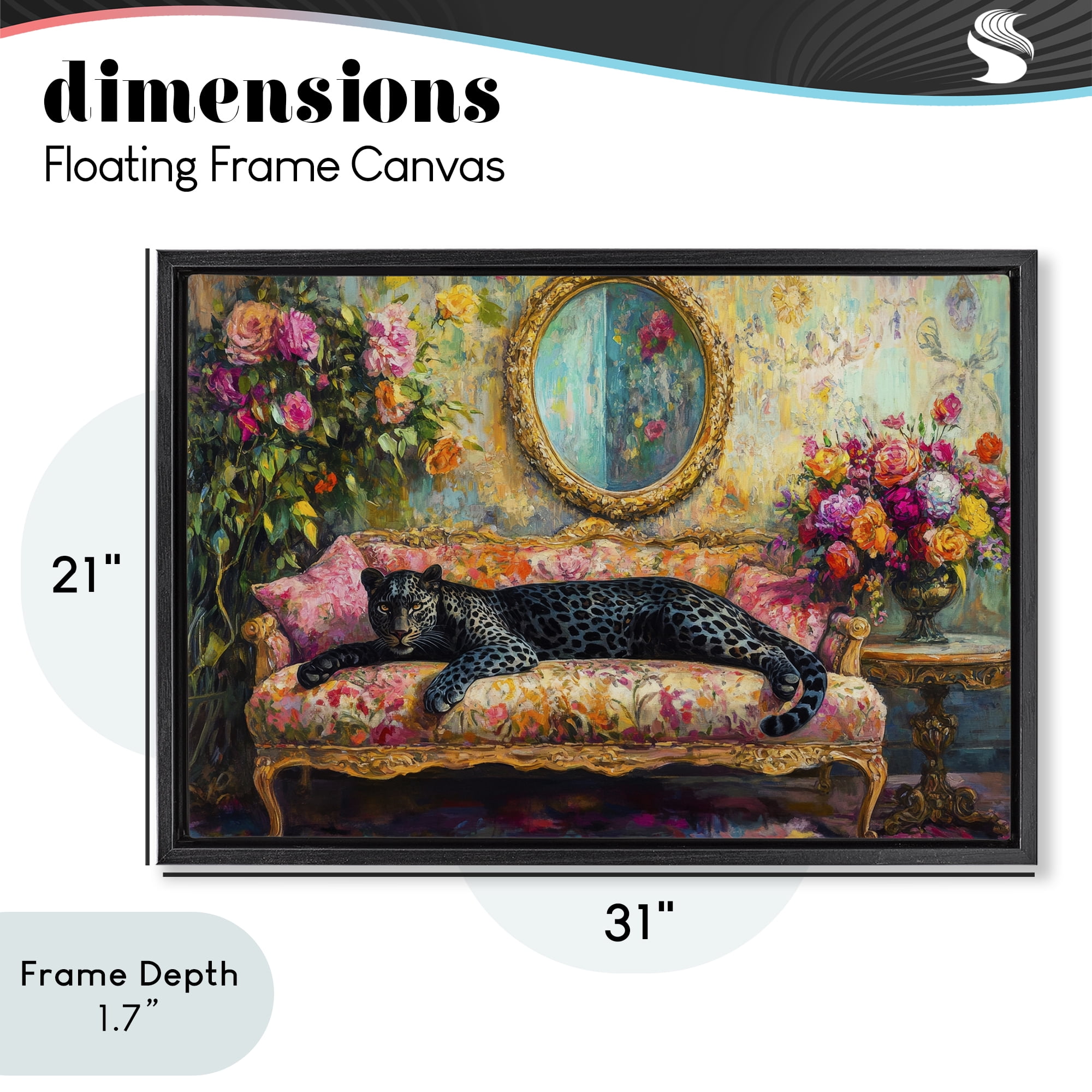Stupell Industries Lounging Leopard on Floral Sofa Black Framed Floater Canvas Wall Art, design by Petal Prints Design