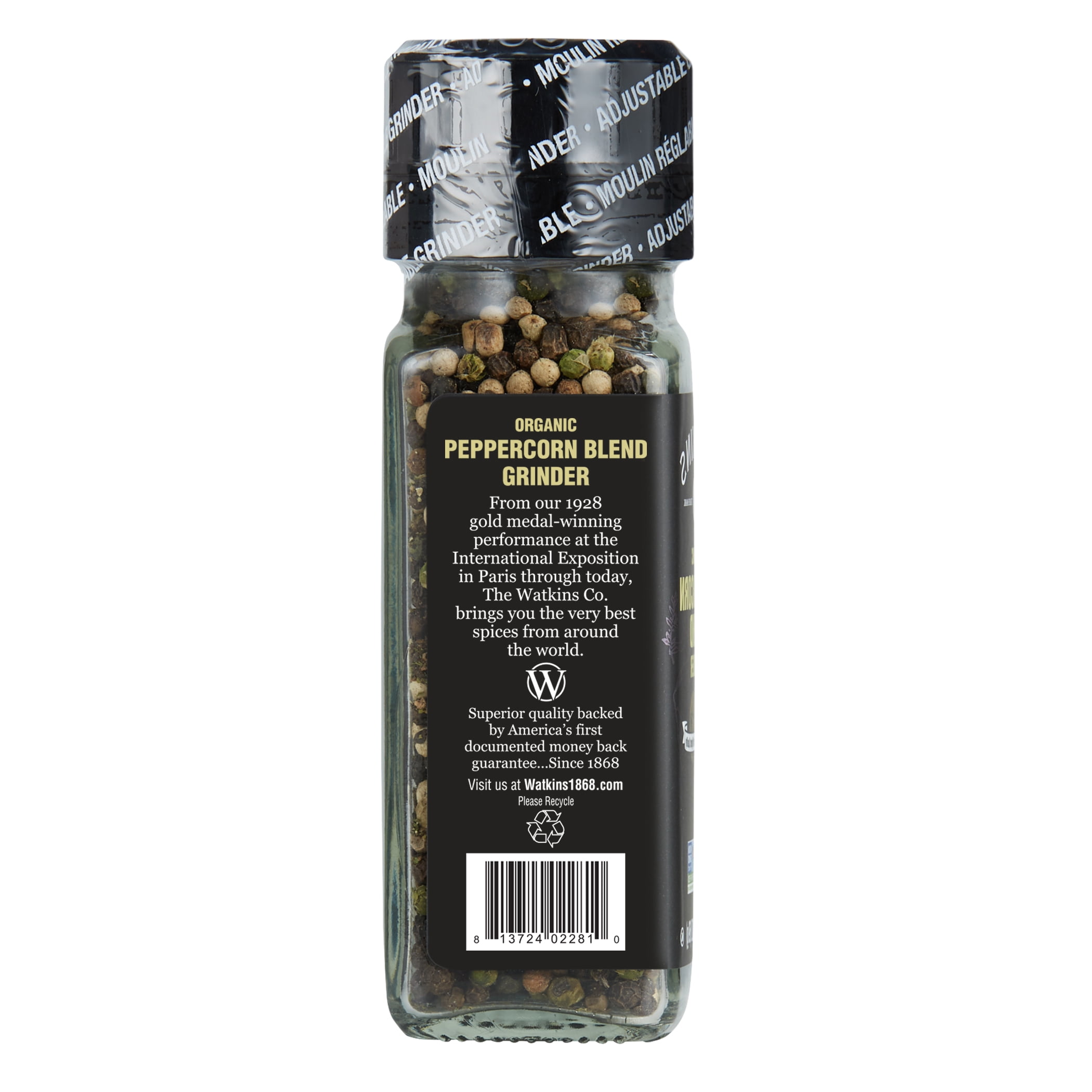 Watkins Gourmet Organic Spice Grinder, Peppercorn Blend, 2.4 oz (Glass Container, Shelf Stable, Fish-Free)