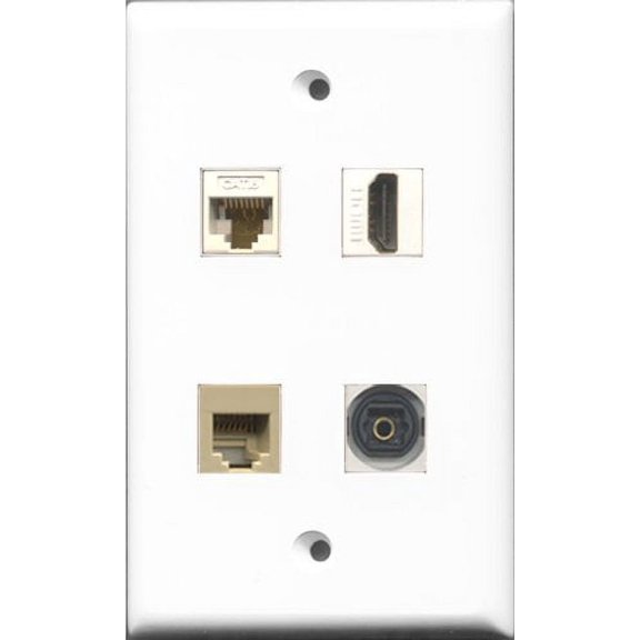 RiteAV 1 Port HDMI and 1 Port Phone RJ11 RJ12 Beige and 1 Port Toslink and 1 Port Cat6 Ethernet White Wall Plate