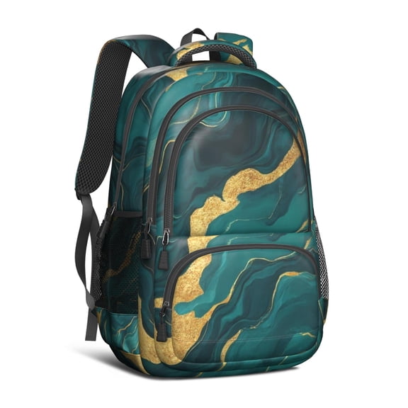 Teal Gold Marble Backpack for School,Cute School Bag,Schoolbag with Adjustable Shoulder Straps & Padded Back,16.9 Inch