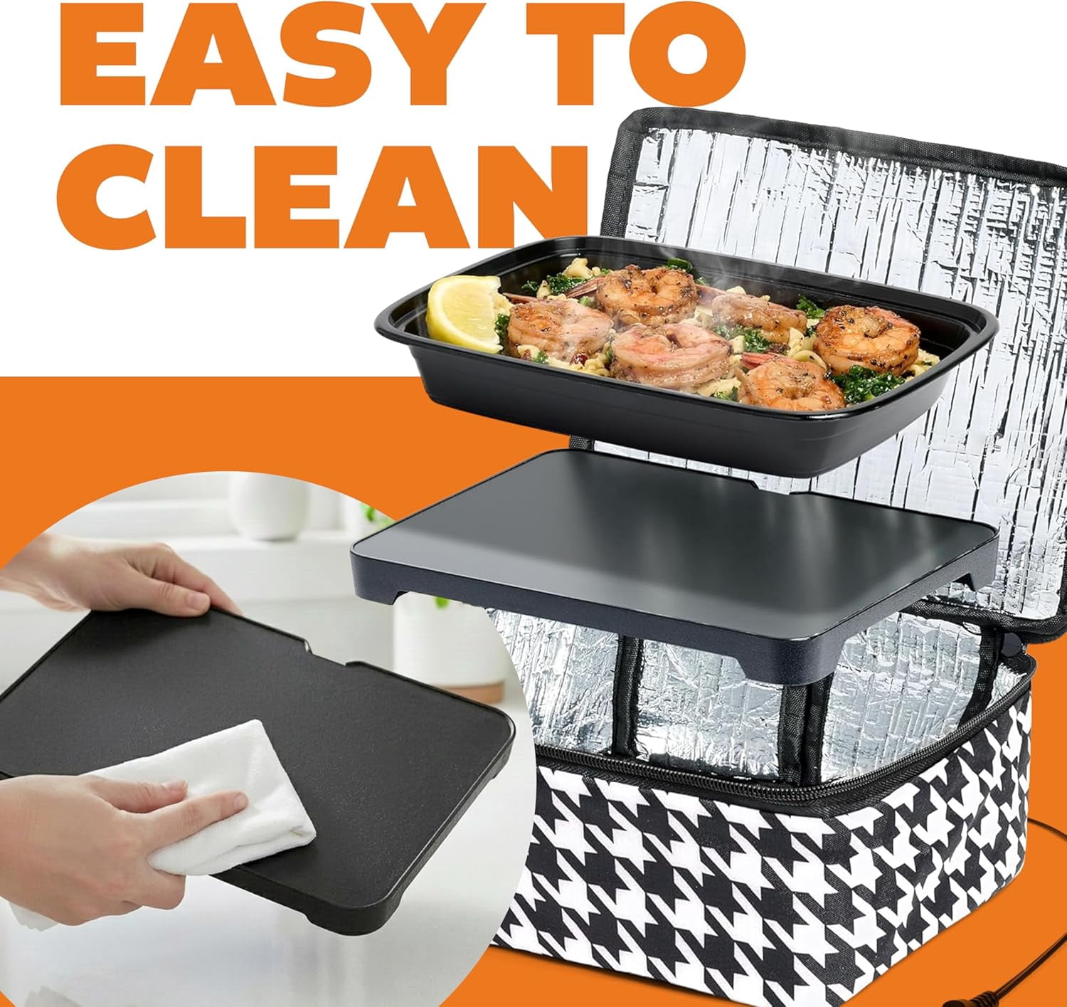 HOTLOGIC Mini Portable Electric Lunch Box Food Heater - Innovative Food Warmer and Heated Lunch Box for Adults Car/Home - Easily Cook, Reheat, and Keep Your Food Warm - Houndstooth (12V)