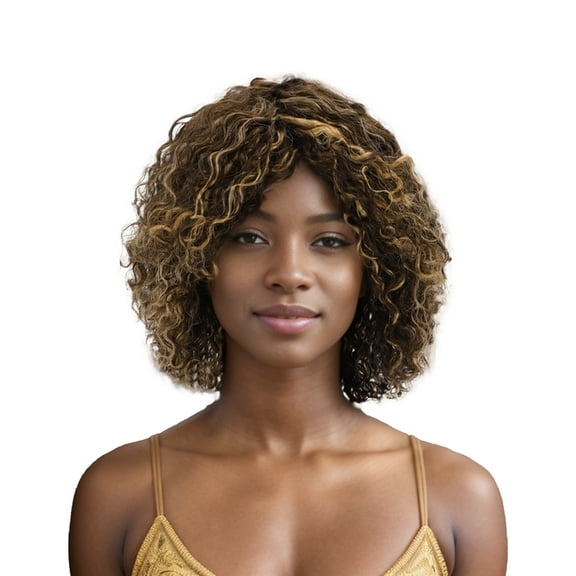 Unique Bargains 1 Pc Medium Wave Curly Hair Hair Wig Real Human Hair 12in 200 Human Wig Yellow Brown for Women