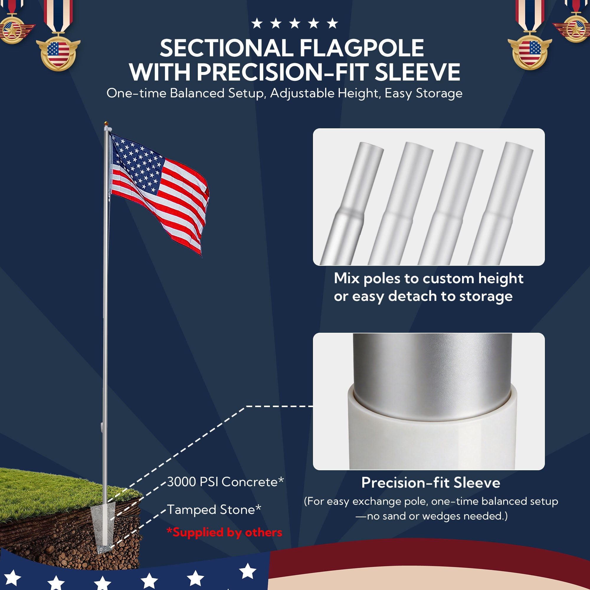 Yescom Bravery 20ft 13 Gauge Thicken Sectional Flag Pole Kit for Outside House with USA Flag Top ,Sliver