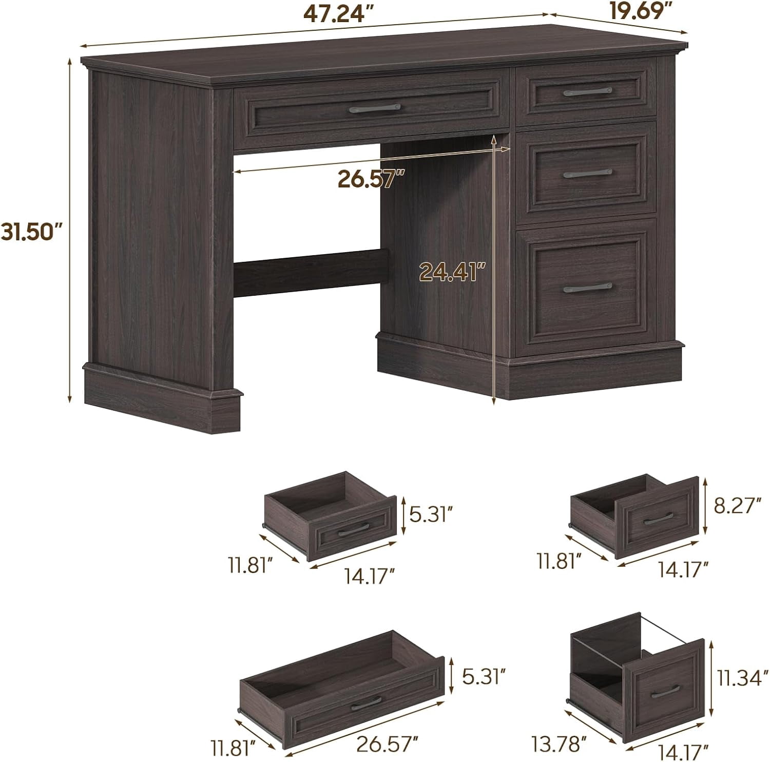 Halitaa Farmhouse 47" Executive Desk with File Drawer, Computer Desk with 4 Drawers, Workstation for Study, Home Office, Writing, Espresso.