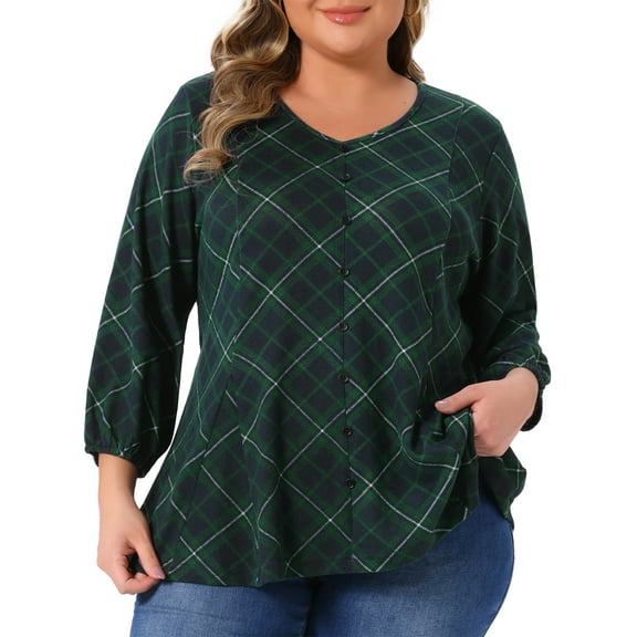 Agnes Orinda Plus Size Top for Women 3/4 Sleeve V Neck Decorative Buttons Casual Plaid Tunic Pullover Tee Shirts 1X Green