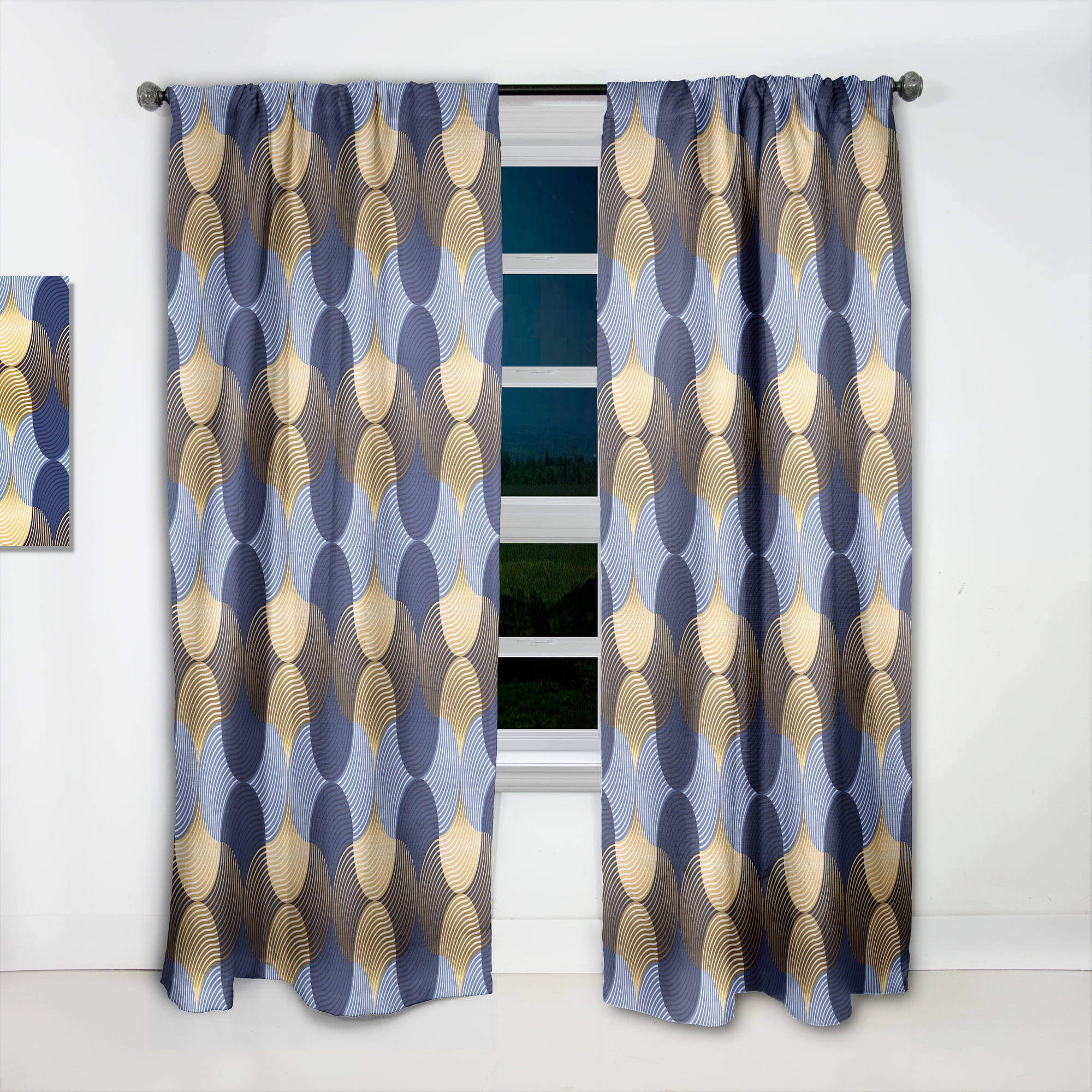 Designart 'Retro Luxury Waves In Blue and Gold II' Mid-Century Modern Curtain Panel