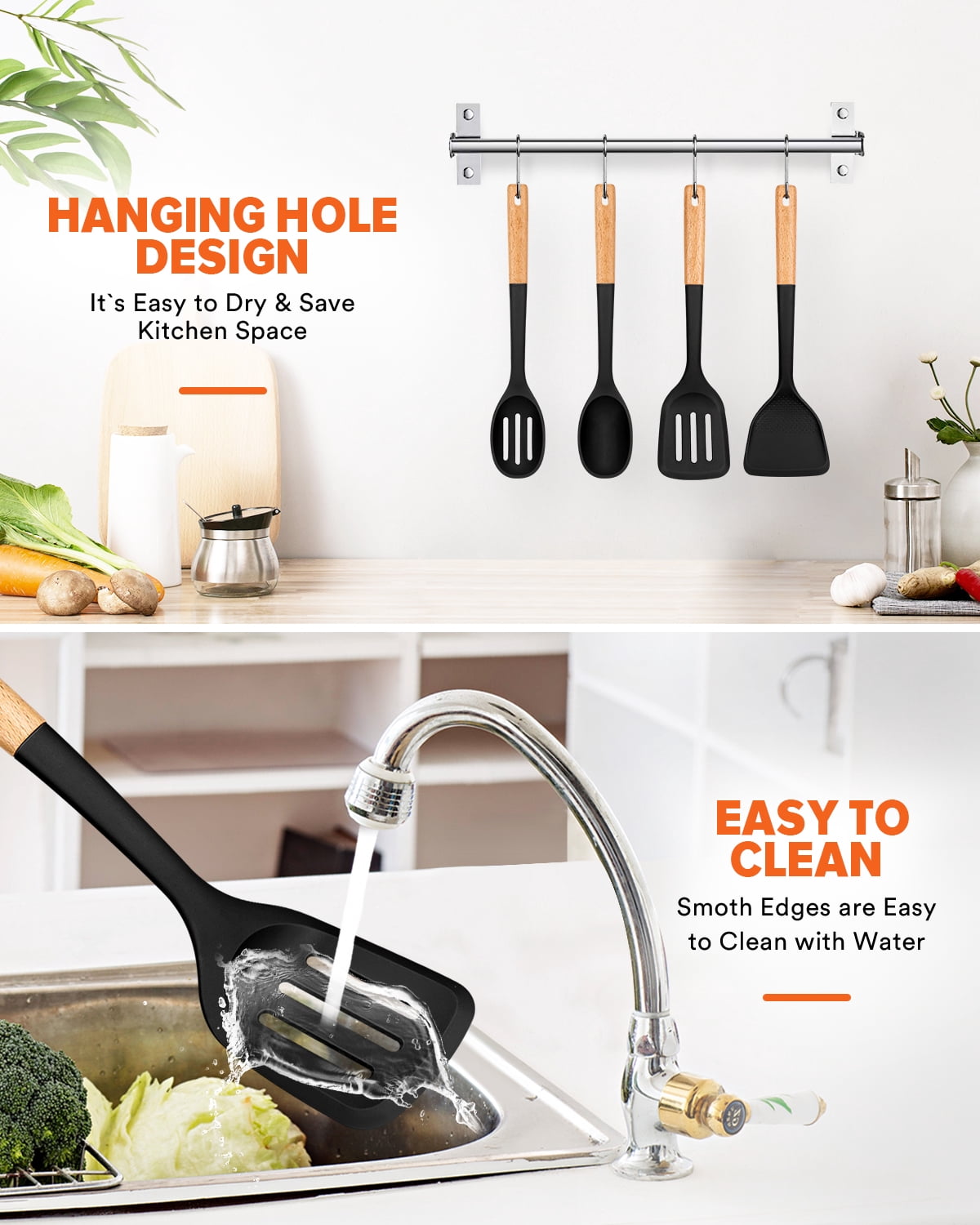 Badiano 4 Pack Wood Handle Silicone Kitchen Cooking Utensils Set for Nonstick Cookware Surface,Black