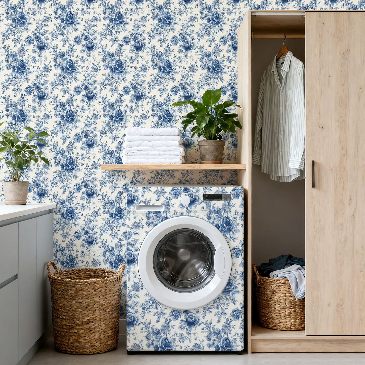 Peel and Stick Wallpaper 17.7in x 9.8ft Blue White Vintage Floral Elegant Botanical Contact Paper Vinyl Waterproof Self Adhesive Wall Paper for Bedroom Shelf Cabinet Renter Friendly