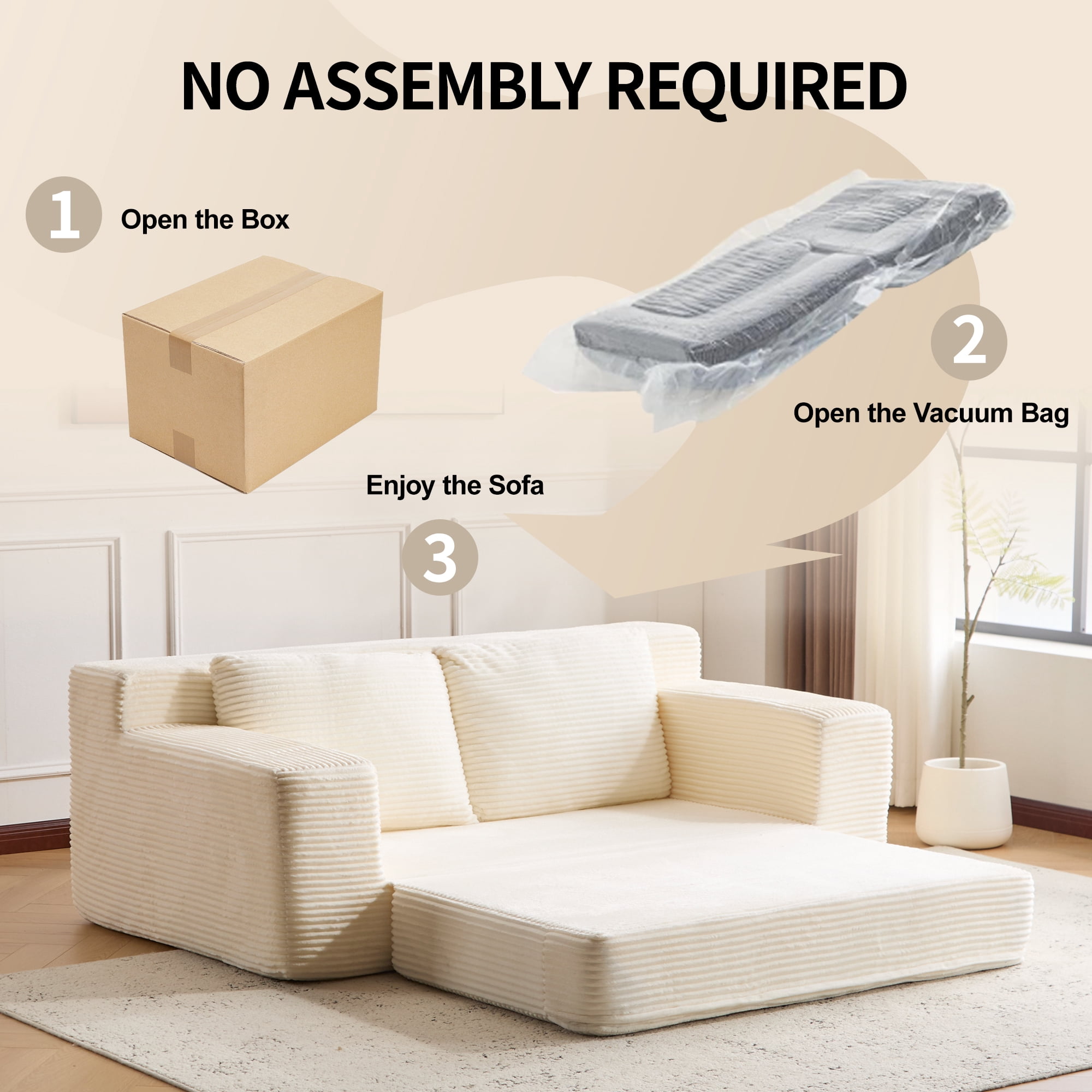 Miniyam Corduroy Convertible Loveseat Sofa with Removable Cushions, 2-Seater Couch for Living Room, No Assembly Required, White