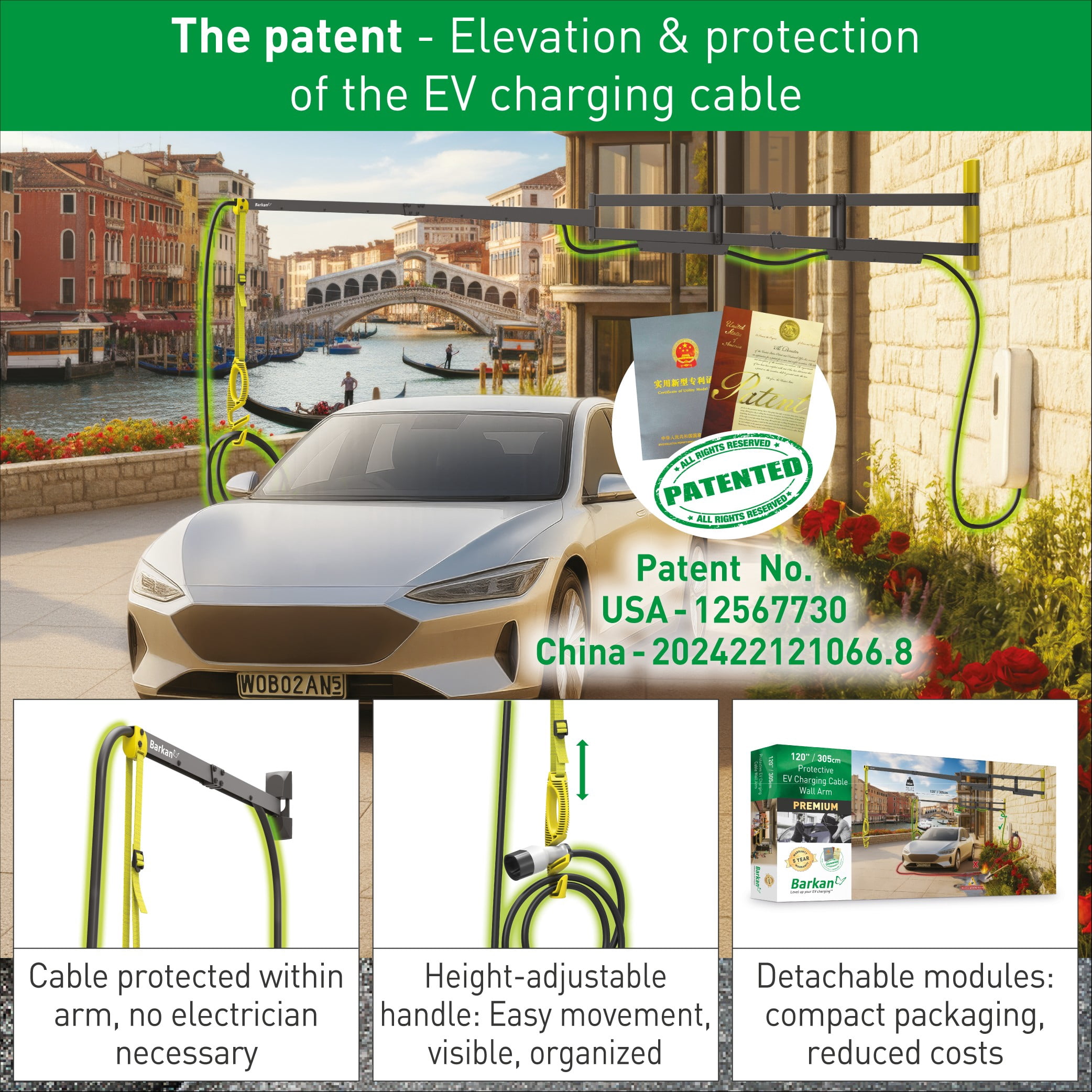 48” / 122cm Protective EV Charging Cable Wall Arm
