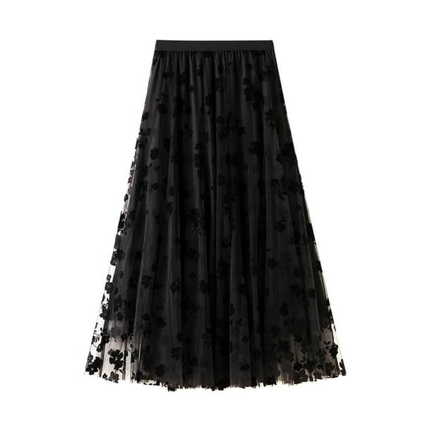 jovati Womens Tutu Skirt Womens Long Tulle Tutu Skirt 3D Flower Embroidery Solid Color High Waist Mesh Midi Swing Skirt
