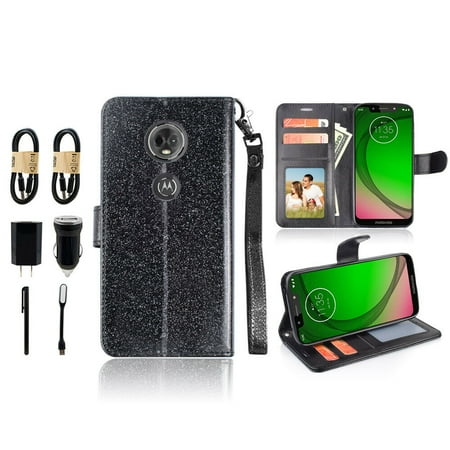 Value Pack for 6" Motorola Moto E5 Plus Glitter Hybrid Material Grip & Anti-Slip Dust & Debris Protection Shock Absorption Foldable Stand Landscape Mode Leather Strap Slot Wallet Case + [Black]
